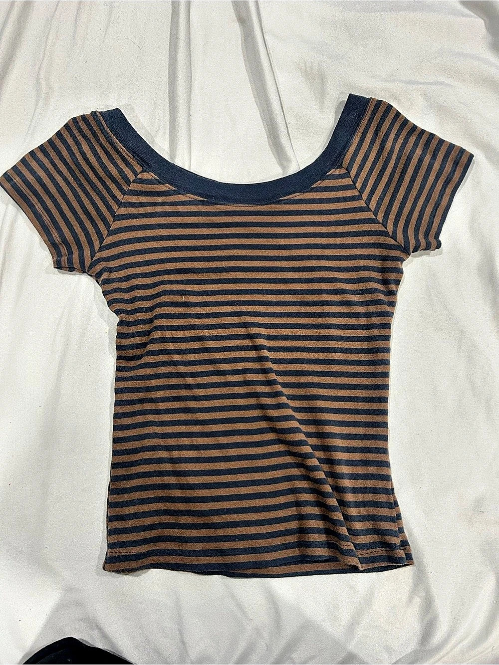 Brandy Melville Brown and Navy Striped Scoop Neck Tee